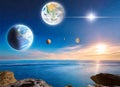 Wonderful Ocean View, neptune,uranus,saturn,pluto,mercury, venus,earth,mars and the moon blue sky.