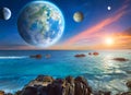 Wonderful Ocean View, neptune,uranus,saturn,pluto,mercury, venus,earth,mars and the moon blue sky.