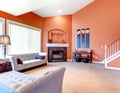 Wonderful orange living room with grey classic sofa, dark stoned Royalty Free Stock Photo