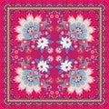 Wonderful oriental pattern with white flowers, paisley ornament, half of mandala, pink butterflies and zigzag frame. Carpet, doily Royalty Free Stock Photo