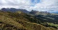 Wonderful panoramic view of alp de siusi with distinctiv dolomite mountain peaks Royalty Free Stock Photo