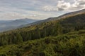 Wonderful panoramic view of Carpathians mountains, Ukraine. Mount Hoverla with big evergreen forest hill foreground. Royalty Free Stock Photo