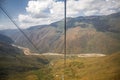 Wonderful panoramic view into Chicamocha Canyon with river bed, white clouds and blue sky with cables of aerial cable car, Royalty Free Stock Photo