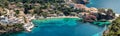 Wonderful Panoramic view of coasline Asos island. Sunny spring seascape of Ionian Sea.  Amazing outdoor scene of Kefalonia island Royalty Free Stock Photo