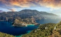 Wonderful Panoramic view of coasline Asos island. Sunny spring seascape of Ionian Sea during sunset. Amazing evening scene with Royalty Free Stock Photo