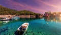 Wonderful Panoramic view of coasline Asos island. Sunny spring seascape of Ionian Sea during sunset. Amazing evening Royalty Free Stock Photo