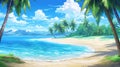 a wonderful peaceful anime wallpaper artwork of a beach with palms, ai generated image