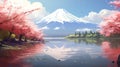 a wonderful peaceful mountain fuji illustration from the ocean, ai generated image