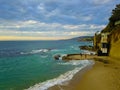 Wonderful of the pirate tower at Victoria beach with blue ocean waves, blue sky and majestic cloud formations Royalty Free Stock Photo