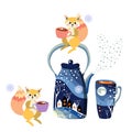 Wonderful print for pillow, napkin, fabric, postcard. Funny squirrels, a large teapot and a cup with a winter landscape