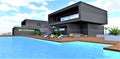 Wonderful project of a house with a swimming pool. An innovative building material made of gray metal. Exclusive design. 3d