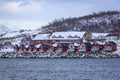 Wonderful red houses in the village Stokmarknes in Norway, Lofoten Royalty Free Stock Photo