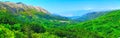 Wonderful romantic summer afternoon landscape panorama. Green, emerald valley of in the canyon plateau. Deciduous forest. Baska on