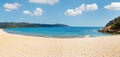 Wonderful sandy beach at Aegean sea on Sithonia, Halkidiki, Greece. Panorama