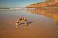 Stone arch with a red stone at the top, at sunset on a beach. Mediate, balance and stability Concept.