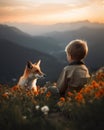 Wonderful scene on top of the mountain with a child and her pet at sunset