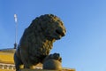 A wonderful sculpture of lion predator in St. Petersburg in rays of sunset light