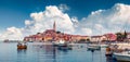 Wonderful spring cityscape of Rovinj town, Croatian fishing port on the west coast of the Istrian peninsula. Colorful morning