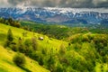 Wonderful spring landscape with snowy mountains near Brasov, Transylvania, Romania