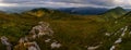 Wonderful springtime panoramic landscape in mountains at sunrise.Farcau Peak. Maramures. Romania. Royalty Free Stock Photo