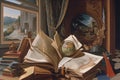 Trompe l\'oeil Still Life with an old book open and Globe , AI Generative