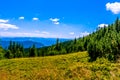 Wonderful summer mountain landscape with green forest and blue sky. Royalty Free Stock Photo