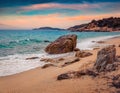 Wonderful summer sunrise on Cuba Beach, Olimpiada village location, Greece, Europe. Royalty Free Stock Photo