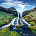 Wonderful summer view of Sheep`s Waterfall. Spectacular morning scene of Iceland, Europe.