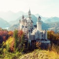 Wonderful Sunny landscape. Sunny day in Alps. Incredible majestic Neuschwanstein castle in Autumn. Popular locations for