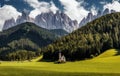 Wonderful Sunny Landscape of Dolomite Alps. St Johann Church, Santa Maddalena, Val Di Funes, Dolomites, Italy. Fairy velley in Royalty Free Stock Photo