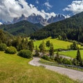 Wonderful Sunny Landscape of Dolomite Alps. St Johann Church, Santa Maddalena, Val Di Funes, Dolomites, Italy. Fairy Royalty Free Stock Photo