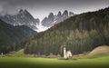 Wonderful Sunny Landscape of Dolomite Alps. St Johann Church, Santa Maddalena Royalty Free Stock Photo