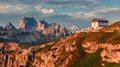 Wonderful Sunny Landscape of Dolomite Alps during sunrise. Panoramic view of famous Dolomites mountain peaks glowing in beautiful Royalty Free Stock Photo