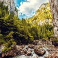 Wonderful sunny mountain scenery. river in canyon in mountans gloving in sunlight. Romania- Carpathian Mountains. Bicaz Canyon