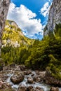 Wonderful sunny mountain scenery. river in canyon in mountans gloving in sunlight. gorgeus unusual scene. Romania- Carpathian