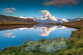 Wonderful sunrise with Matterhorn peak and Stellisee lake, Valais, Switzerland