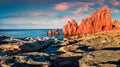Wonderful sunrise view of Red Rocks Beach, Arbatax. Picturesque spring seascape of Mediterranean sea. Marvelous outdoor scene of S Royalty Free Stock Photo
