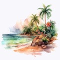 Wonderful tropical beach with palm tree, Watercolor style isolated on white background Royalty Free Stock Photo