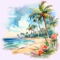Wonderful tropical beach with palm tree, Watercolor style isolated on white background Royalty Free Stock Photo