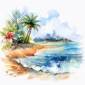 Wonderful tropical beach with palm tree, Watercolor style isolated on white background Royalty Free Stock Photo