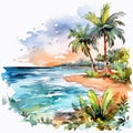 Wonderful tropical beach with palm tree, Watercolor style isolated on white background