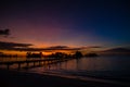 Wonderful tropical sunset, jetty, palm tree, Maldives Royalty Free Stock Photo