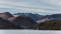 Wonderful unusual Winter landscape views of mountain ranges around Ullswater in Lake District viewed from boat on lake Royalty Free Stock Photo