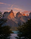 Wonderful vertical view of the horns of torres del paine national park from Lake Pehoe, Southern Chile Chilean Patagonia