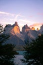 Wonderful vertical view of the horns of torres del paine national park from Lake Pehoe, Southern Chile Chilean Patagonia