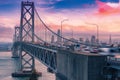 Wonderful view from the height of Oakland Bridge in San Francisco at sunset