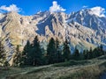 Wonderful view of the Mont Blanc massif in Italy from the Val Ferret Courmayeur valley. Hiking in the nature. TMB