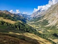 Wonderful view of the Mont Blanc massif in Italy from the Val Ferret Courmayeur valley. Hiking in the nature. TMB