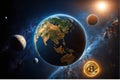 A wonderful view in space, bitcoin as a planet orbiting around other planets, Crypto Royalty Free Stock Photo