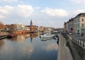 A wonderful view on a sunlit non-tourist part of Gent, Belgium from a bridge Royalty Free Stock Photo